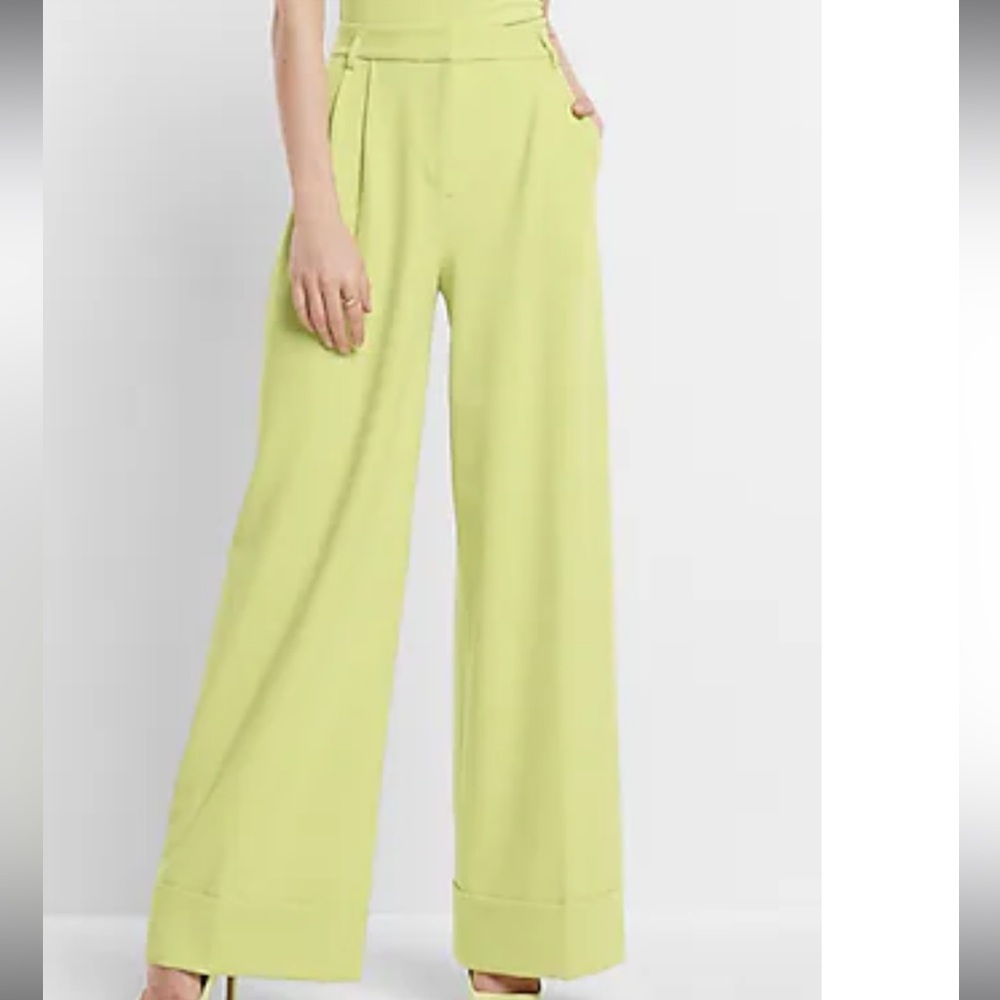 Express lime green wide leg suit trousers